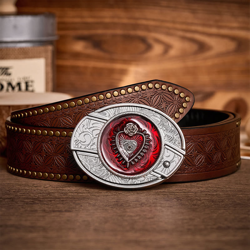 Ceinture en cuir avec boucle de couteau pliant dissimulée à faire soi-même, motif Sacré-Cœur cramoisi - Cœur Cramoisi - Ceinture à rivets marron - 42 - image 4