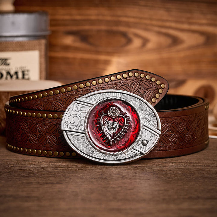 Ceinture en cuir avec boucle de couteau pliant dissimulée à faire soi-même, motif Sacré-Cœur cramoisi - Cœur Cramoisi - Ceinture à rivets marron - 42 - image 4