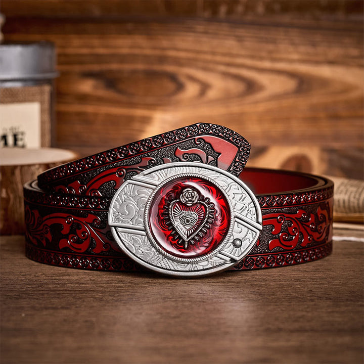Ceinture en cuir avec boucle de couteau pliant dissimulée à faire soi-même, motif Sacré-Cœur cramoisi - Cœur Cramoisi - Ceinture sculptée marron - 42 - image 6