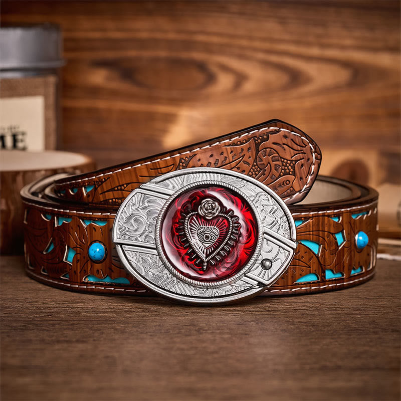Ceinture en cuir avec boucle de couteau pliant dissimulée à faire soi-même, motif Sacré-Cœur cramoisi - Cœur Cramoisi - Ceinture turquoise sculptée - 42 - image 3