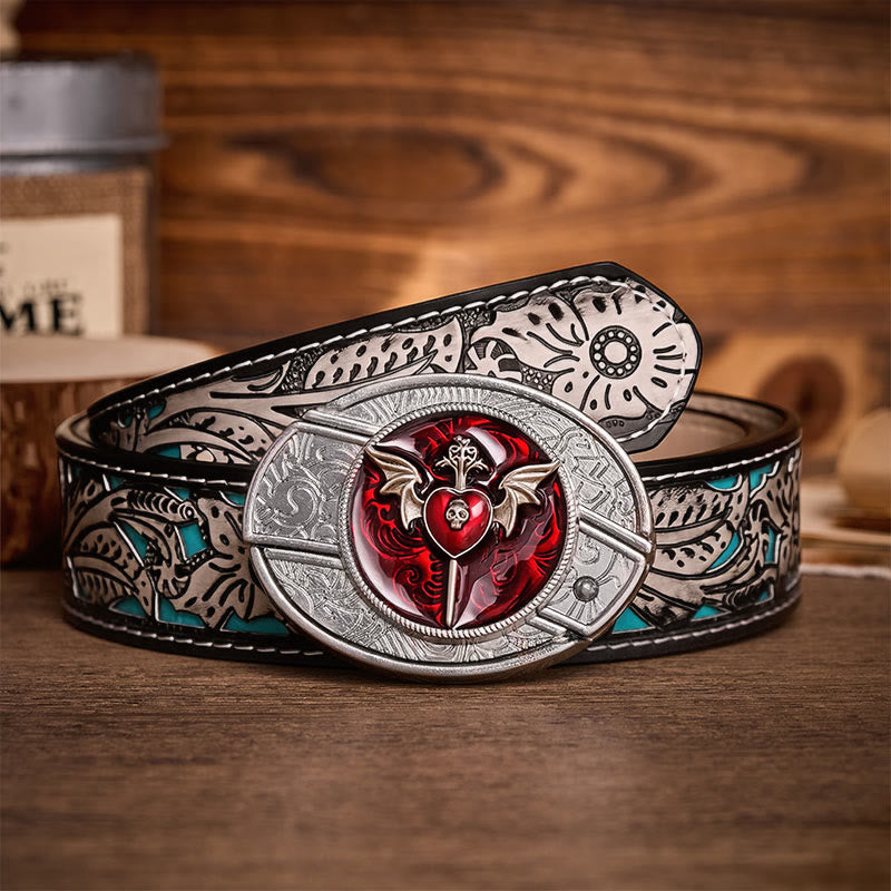 Ceinture en cuir Wings & Dagger Red Heart avec boucle de couteau pliant caché à faire soi-même - Ailes et Dague - Ceinture à fleurs grises - 42 - image 8