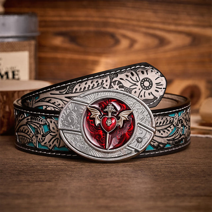 Ceinture en cuir Wings & Dagger Red Heart avec boucle de couteau pliant caché à faire soi-même - Ailes et Dague - Ceinture à fleurs grises - 42 - image 8