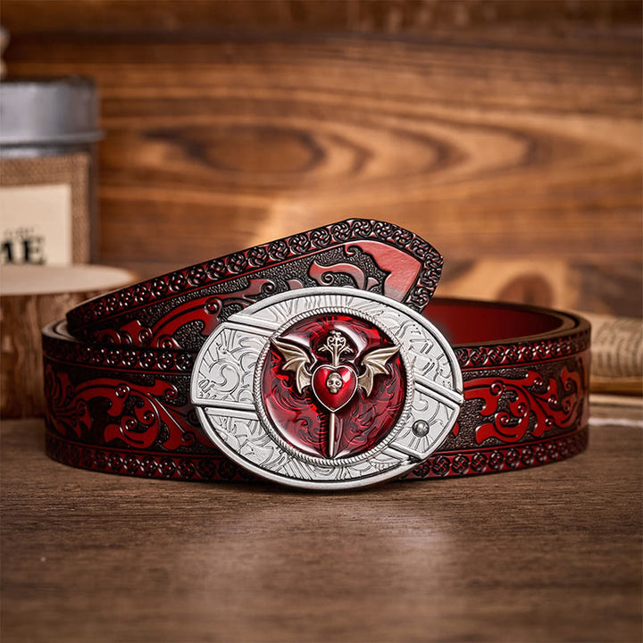 Ceinture en cuir Wings & Dagger Red Heart avec boucle de couteau pliant caché à faire soi-même - Ailes et Dague - Ceinture sculptée marron - 42 - image 6