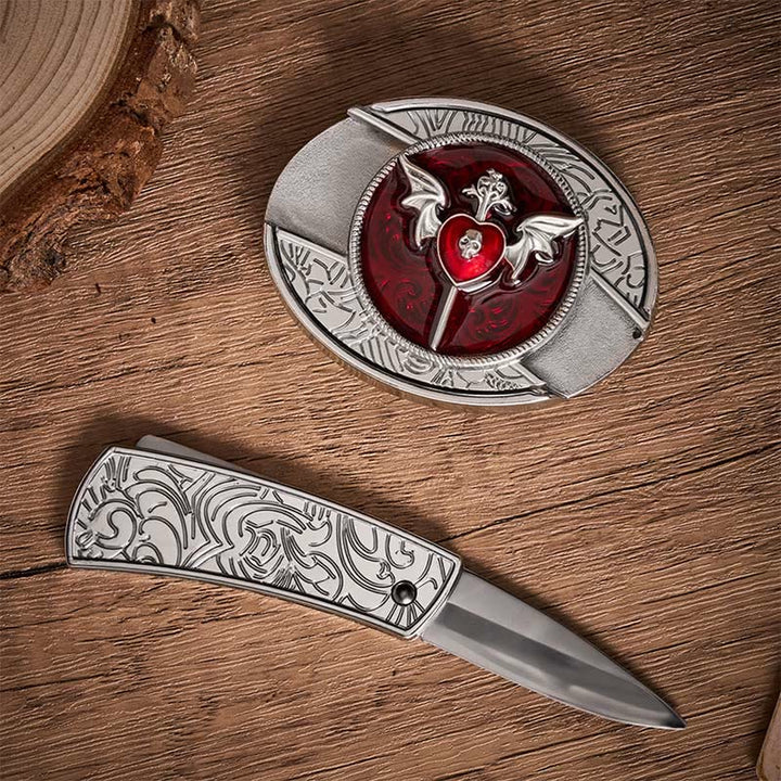 Ceinture en cuir Wings & Dagger Red Heart avec boucle de couteau pliant caché à faire soi-même - image 1