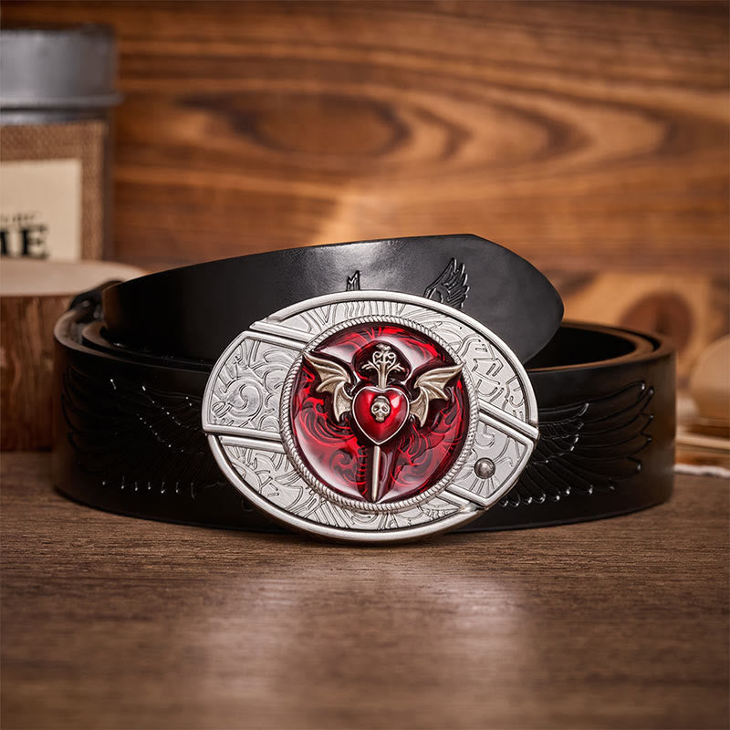 Ceinture en cuir Wings & Dagger Red Heart avec boucle de couteau pliant caché à faire soi-même - Ailes et Dague - Ceinture noire à motif aigle en relief - 42 - image 2