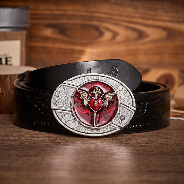 Ceinture en cuir Wings & Dagger Red Heart avec boucle de couteau pliant caché à faire soi-même - Ailes et Dague - Ceinture noire à motif aigle en relief - 42 - image 2
