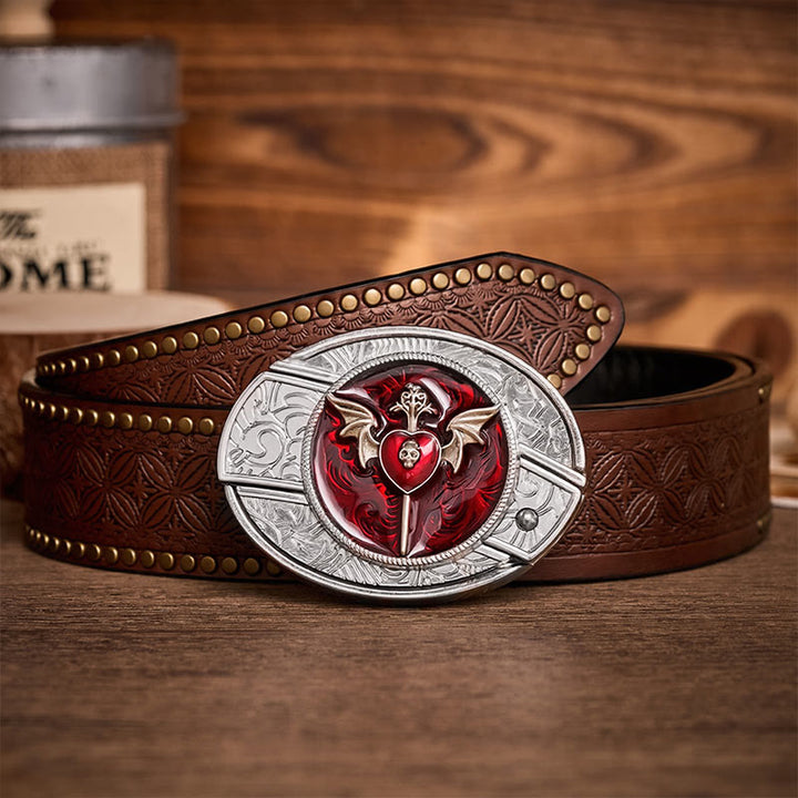 Ceinture en cuir Wings & Dagger Red Heart avec boucle de couteau pliant caché à faire soi-même - Ailes et Dague - Ceinture à rivets marron - 42 - image 4