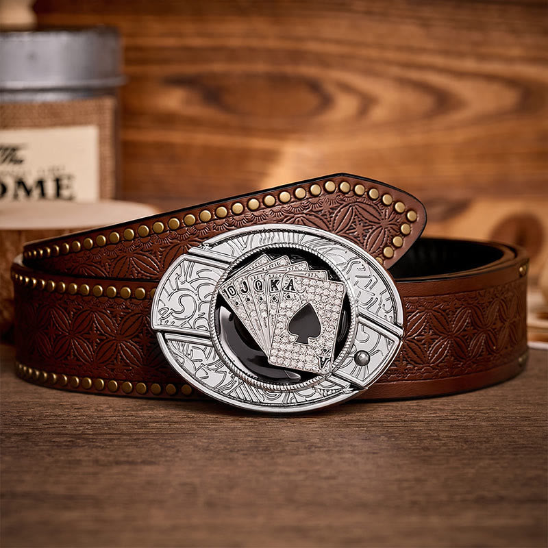 Boucle de couteau pliant dissimulé à faire soi-même, motif quinte flush royale brillante, ceinture en cuir - Quinte royale - Ceinture à rivets marron - 42 - image 4