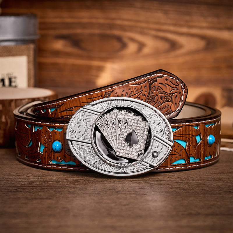 Boucle de couteau pliant dissimulé à faire soi-même, motif quinte flush royale brillante, ceinture en cuir - Quinte royale - Ceinture turquoise sculptée - 42 - image 3