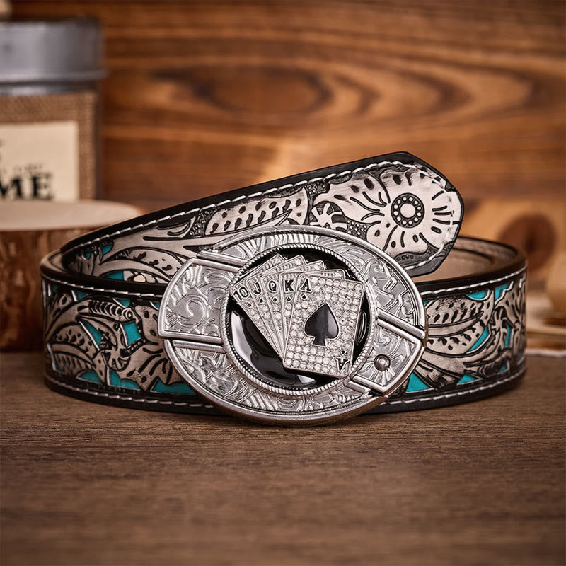 Boucle de couteau pliant dissimulé à faire soi-même, motif quinte flush royale brillante, ceinture en cuir - Quinte royale - Ceinture à fleurs grises - 42 - image 8