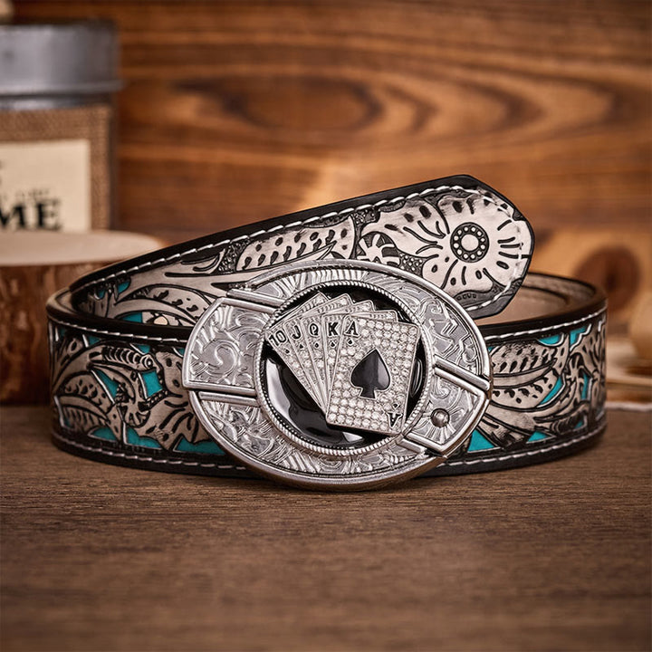 Boucle de couteau pliant dissimulé à faire soi-même, motif quinte flush royale brillante, ceinture en cuir - Quinte royale - Ceinture à fleurs grises - 42 - image 8