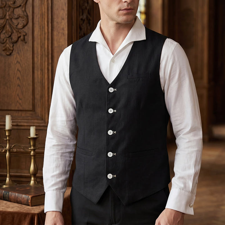 Gilet décontracté à simple boutonnage en lin mélangé pour homme - Noir - 4XL - image 8