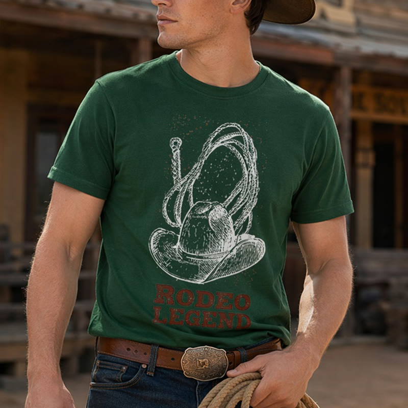T-shirt western imprimé chapeau de cowboy et lasso, légende du rodéo - Vert foncé - 2XL - image 0