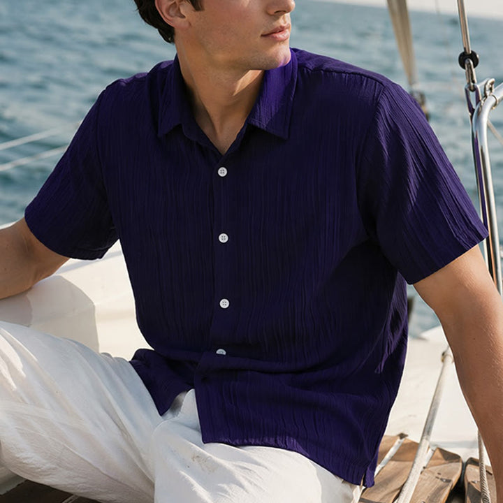 Chemise décontractée en jacquard rayé coton et lin pour homme - Bleu marine - 2XL - image 6