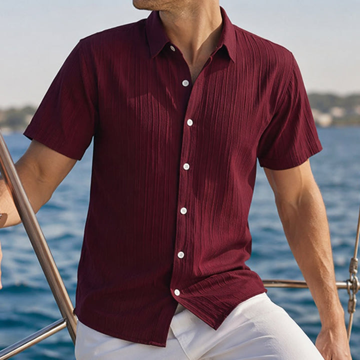 Chemise décontractée en jacquard rayé coton et lin pour homme - Rouge foncé - 2XL - image 11