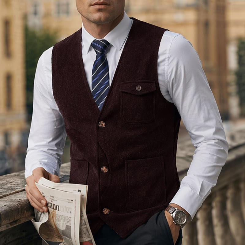 Gilet de costume infroissable à chevrons style vintage américain pour homme - Vin - 3XL - image 4