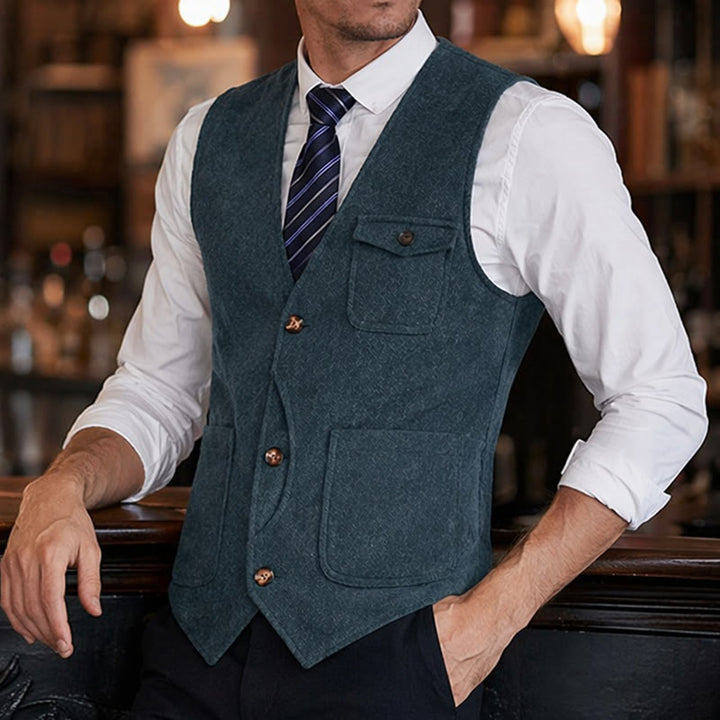 Gilet de costume infroissable à chevrons style vintage américain pour homme - Bleu marine clair - 3XL - image 14