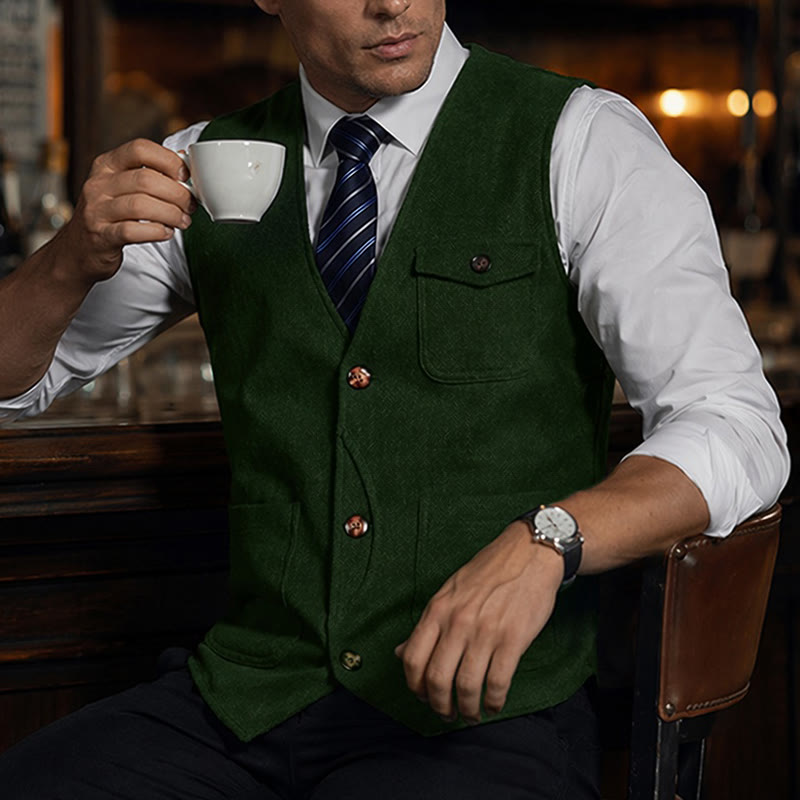 Gilet de costume infroissable à chevrons style vintage américain pour homme - Vert - 3XL - image 11