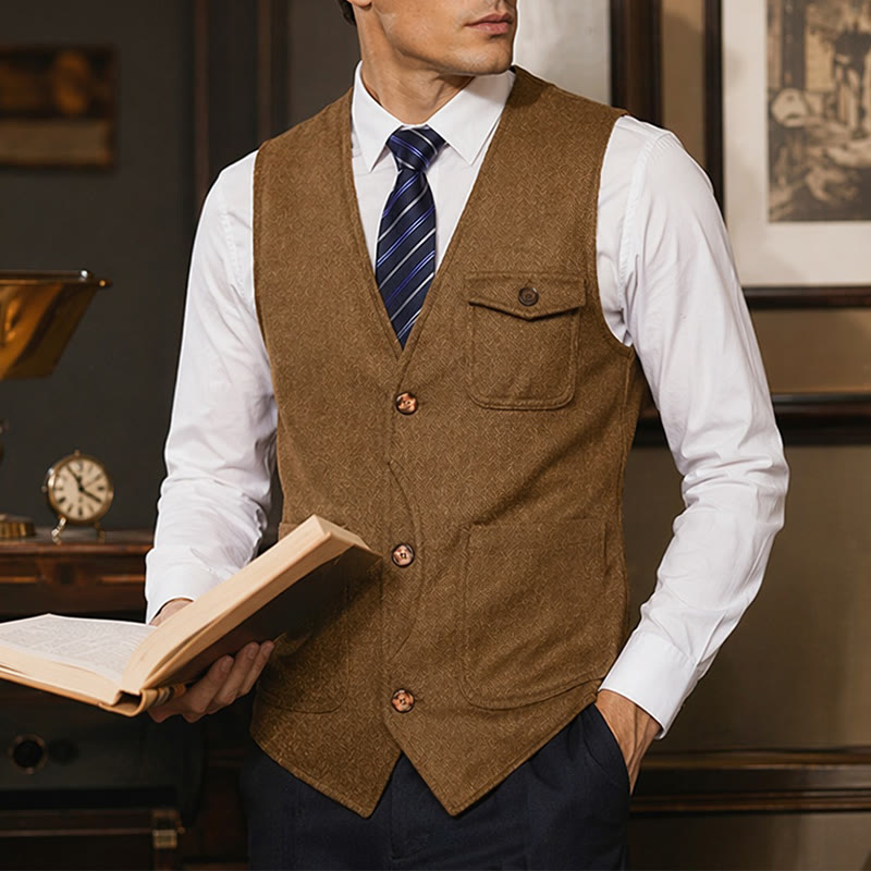 Gilet de costume infroissable à chevrons style vintage américain pour homme - Brun - 3XL - image 16