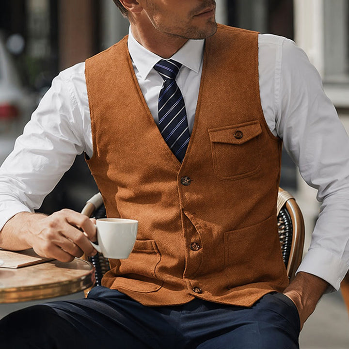 Gilet de costume infroissable à chevrons style vintage américain pour homme - Orange - 3XL - image 9