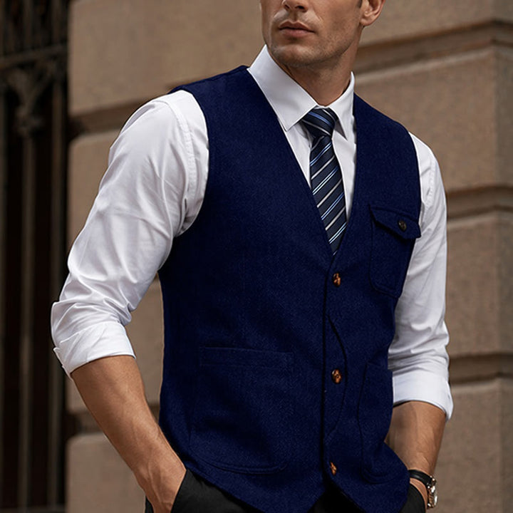 Gilet de costume infroissable à chevrons style vintage américain pour homme - Bleu royal - 3XL - image 13