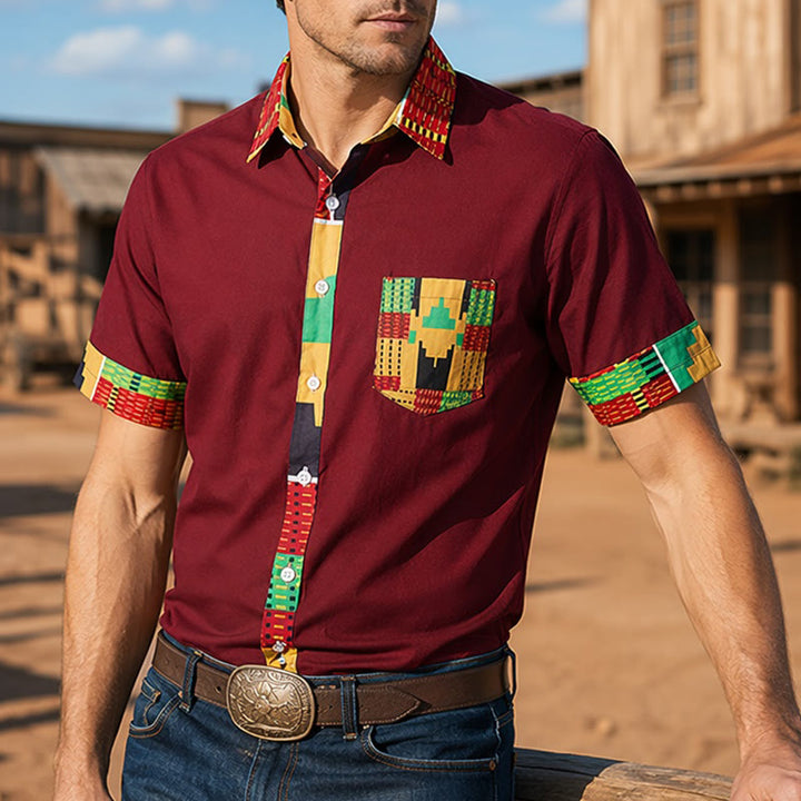 Chemise à imprimé ethnique patchwork pour homme, style festival. - Bourgogne - 4XL - image 6