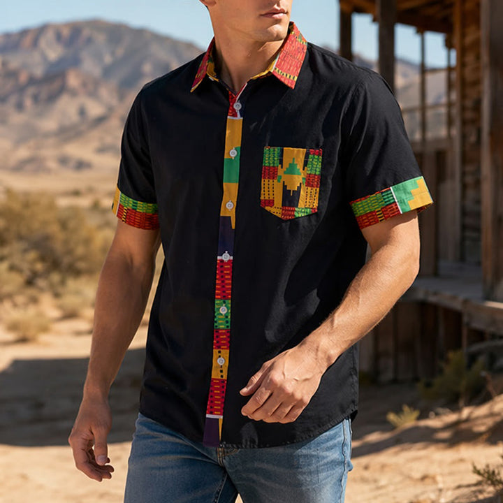 Chemise à imprimé ethnique patchwork pour homme, style festival. - Noir - 4XL - image 0