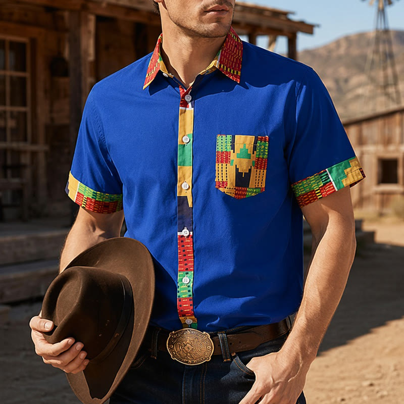 Chemise à imprimé ethnique patchwork pour homme, style festival. - Bleu - 4XL - image 4