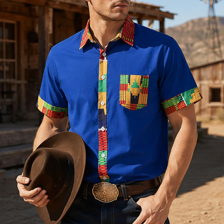 Chemise à imprimé ethnique patchwork pour homme, style festival. - Bleu - 4XL - image 4