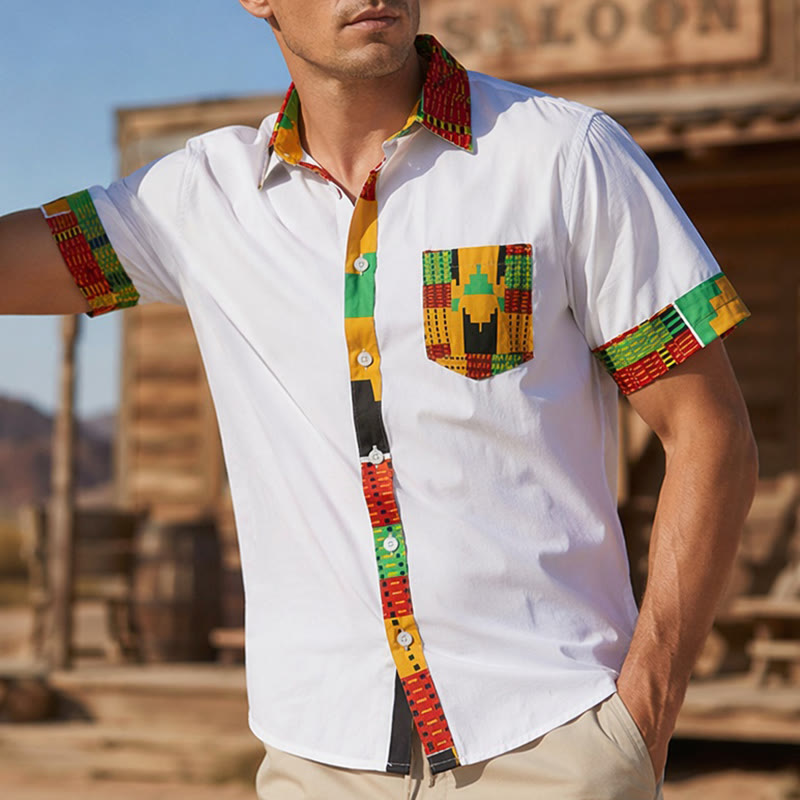 Chemise à imprimé ethnique patchwork pour homme, style festival. - Blanc - 4XL - image 5