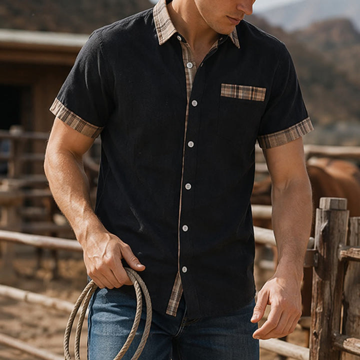 Chemise en coton patchwork à carreaux style vintage pour homme - Noir - 4XL - image 0