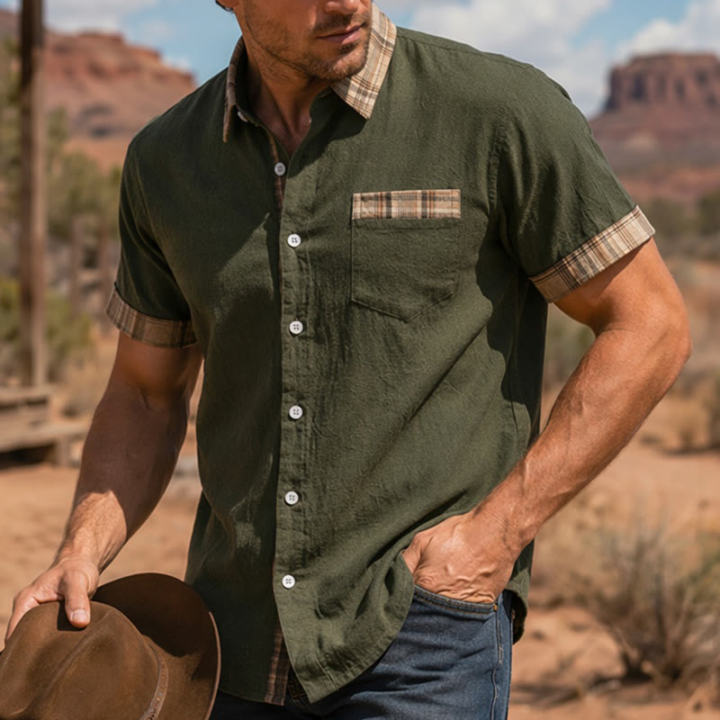 Chemise en coton patchwork à carreaux style vintage pour homme - Vert armée - 4XL - image 7