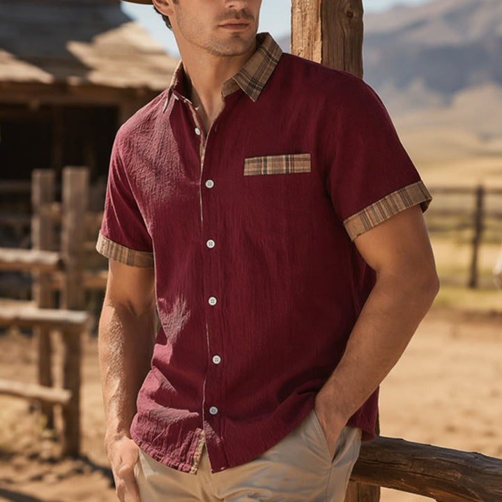 Chemise en coton patchwork à carreaux style vintage pour homme - Rouge - 4XL - image 6