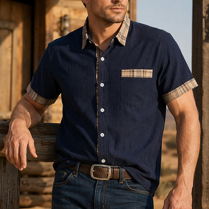 Chemise en coton patchwork à carreaux style vintage pour homme - Marine - 4XL - image 8