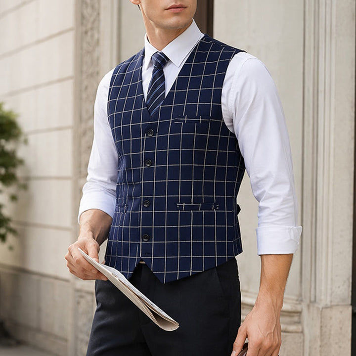 Gilet de costume classique à carreaux pour homme, style formel et décontracté. - Bleu foncé - 3XL - image 0
