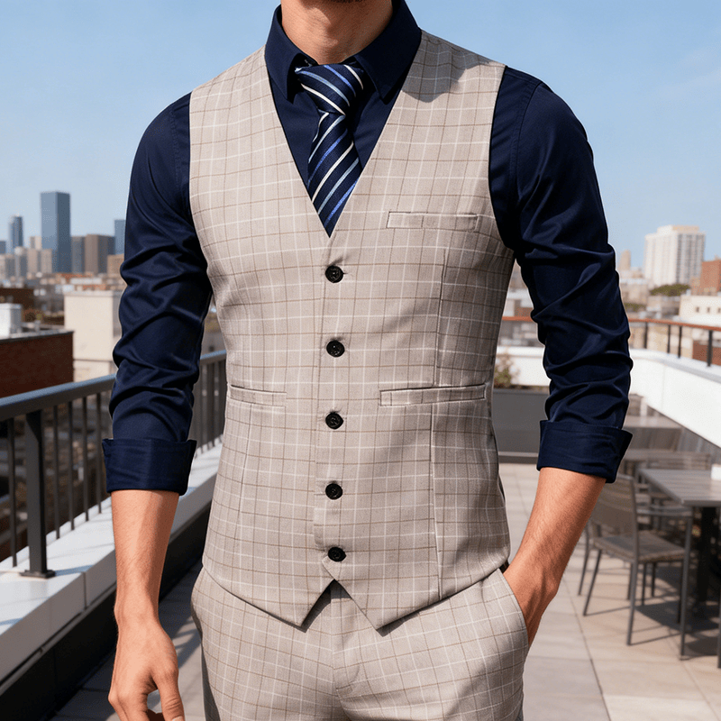 Gilet de costume classique à carreaux pour homme, style formel et décontracté. - Chameau - 3XL - image 6