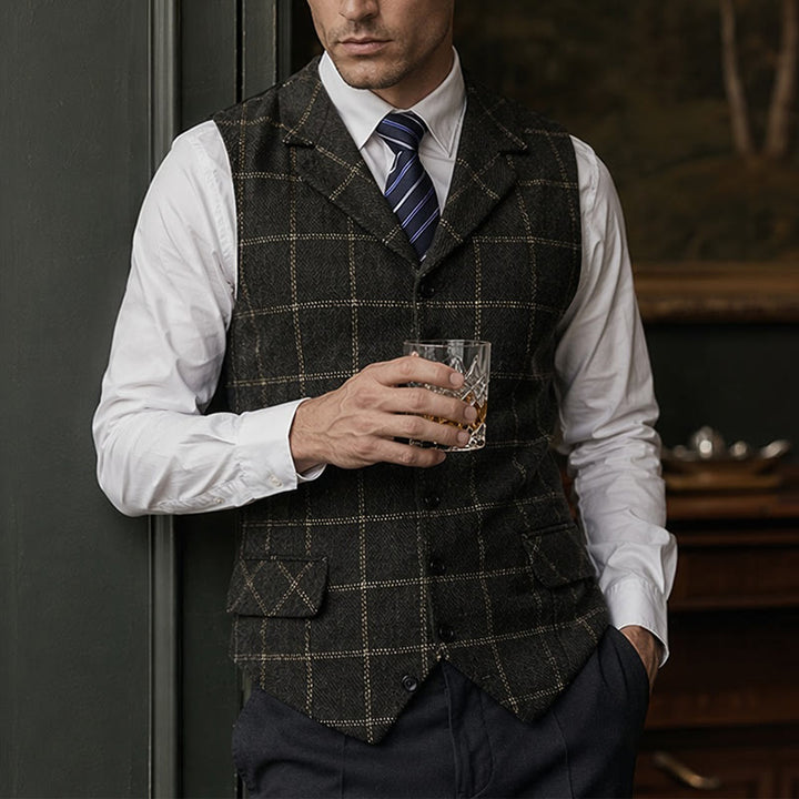 Gilet de costume à carreaux pour homme, col cranté, idéal pour les soirées et le quotidien. - Noir - 5XL - image 4