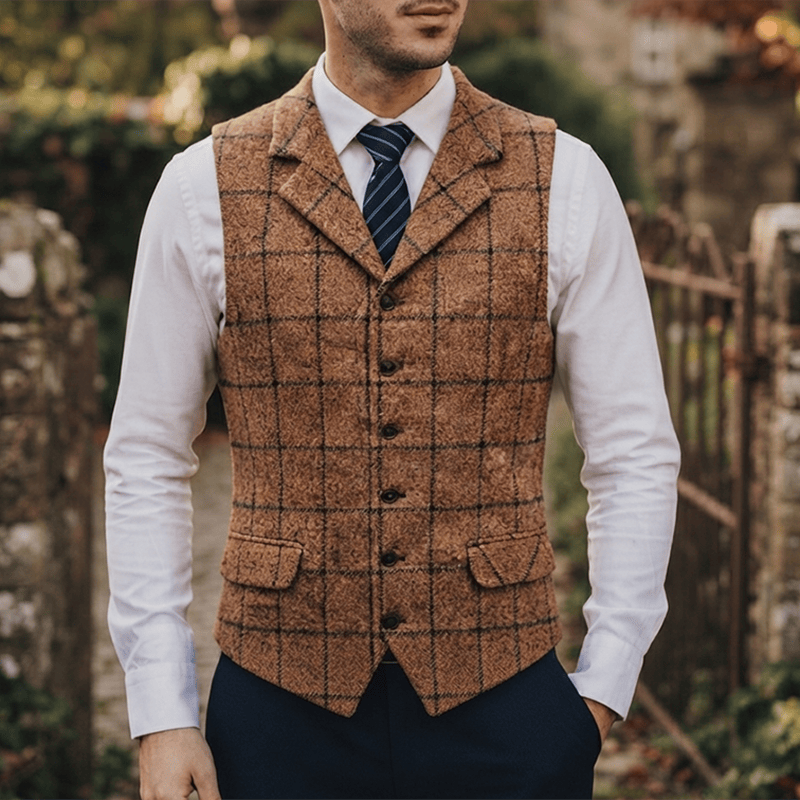 Gilet de costume à carreaux pour homme, col cranté, idéal pour les soirées et le quotidien. - Brun - 5XL - image 6