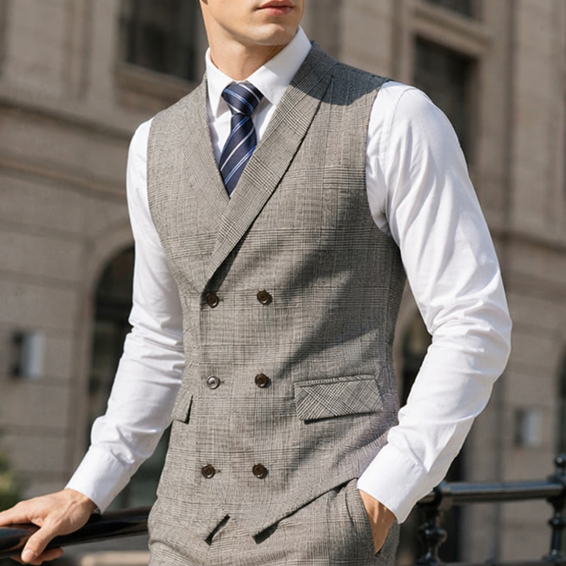 Gilet de costume homme à carreaux croisé en velours côtelé - Gris clair - 4XL - image 0