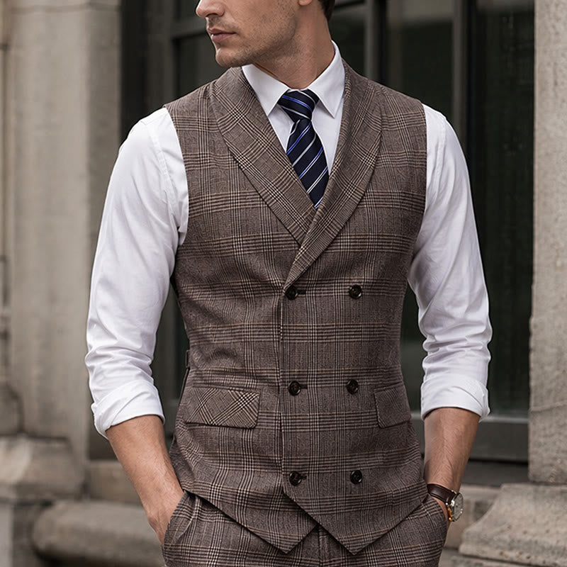 Gilet de costume homme à carreaux croisé en velours côtelé - Café - 4XL - image 5