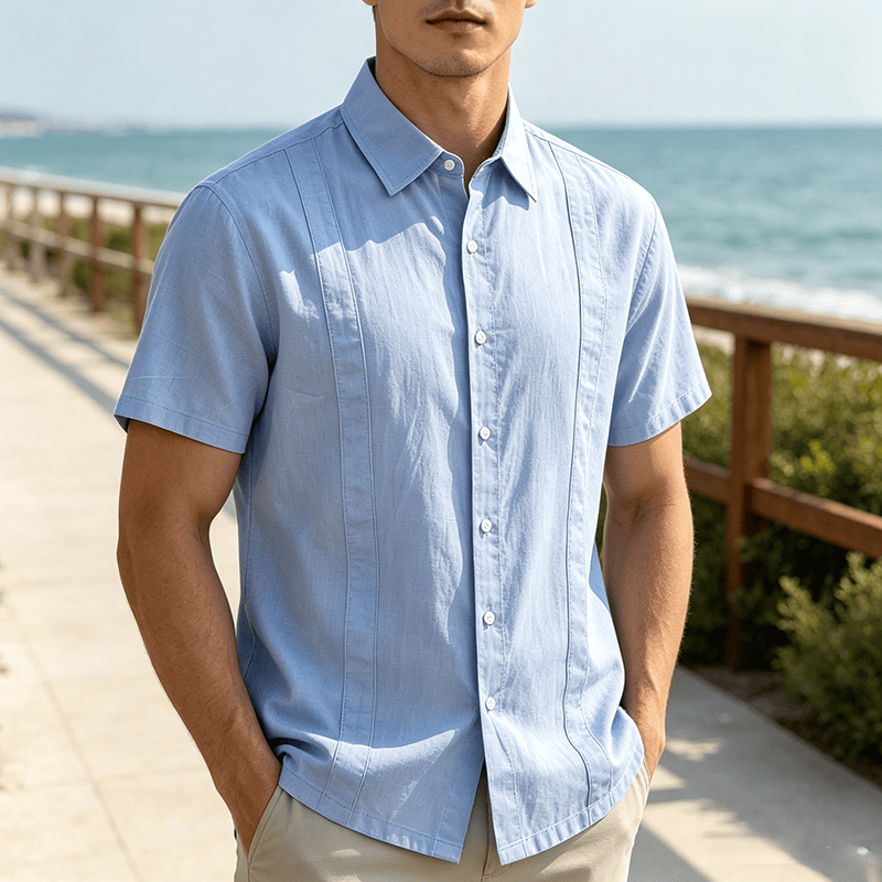 Chemise minimaliste pour homme en ramie unie respirante en coton décontracté d'été - Bleu clair - 3XL - image 0