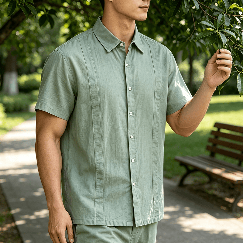 Chemise minimaliste pour homme en ramie unie respirante en coton décontracté d'été - Vert - 3XL - image 8