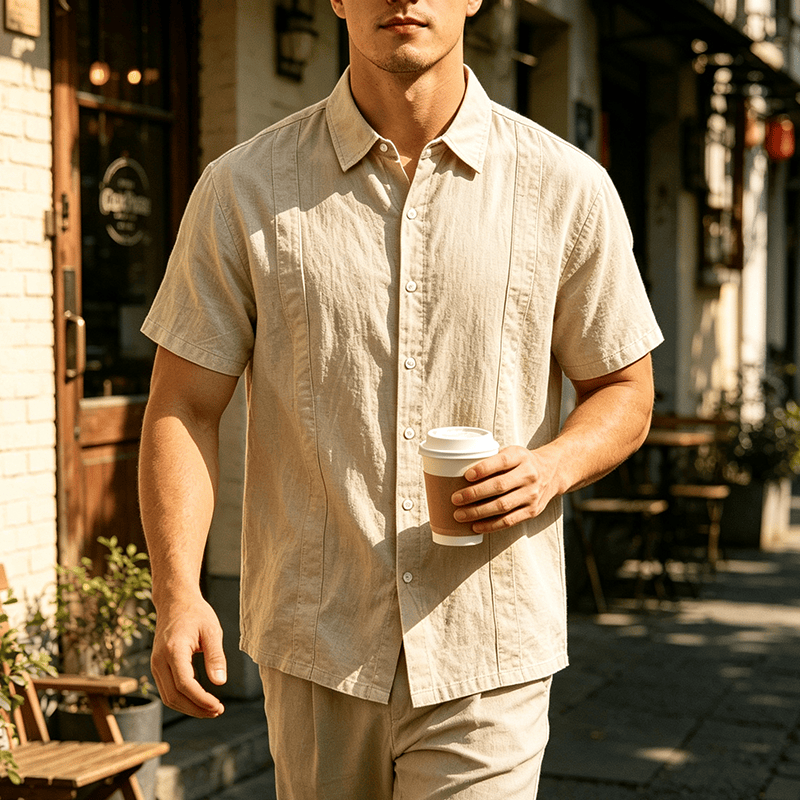 Chemise minimaliste pour homme en ramie unie respirante en coton décontracté d'été - Kaki - 3XL - image 9