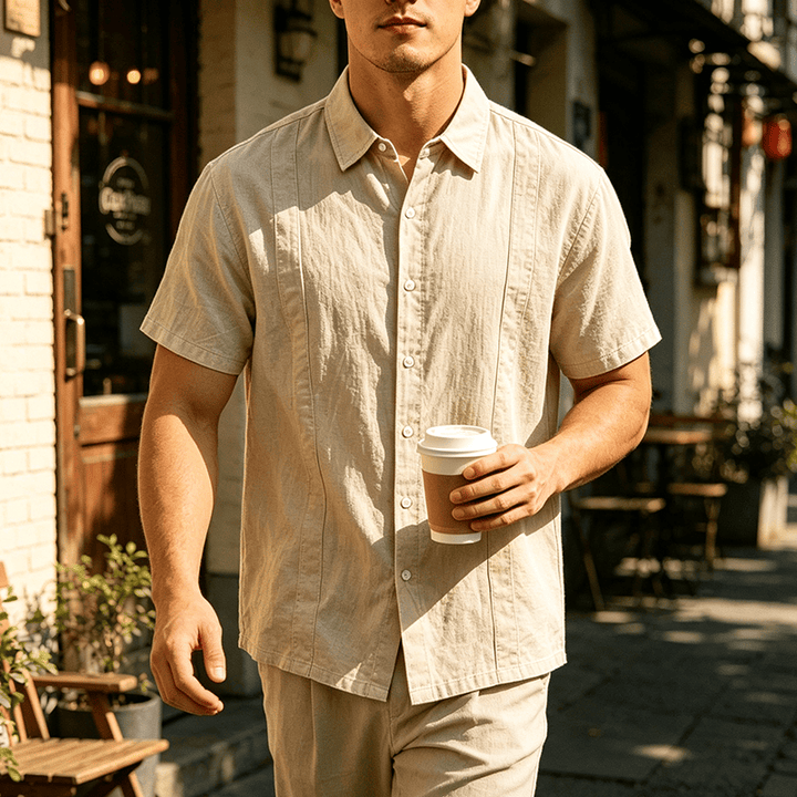 Chemise minimaliste pour homme en ramie unie respirante en coton décontracté d'été - Kaki - 3XL - image 9