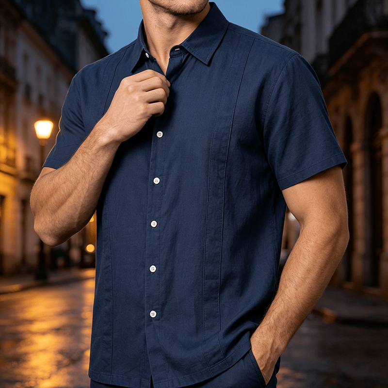 Chemise minimaliste pour homme en ramie unie respirante en coton décontracté d'été - Bleu foncé - 3XL - image 6