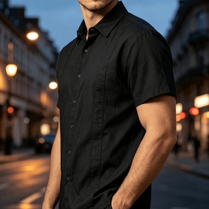 Chemise minimaliste pour homme en ramie unie respirante en coton décontracté d'été - Noir - 3XL - image 5