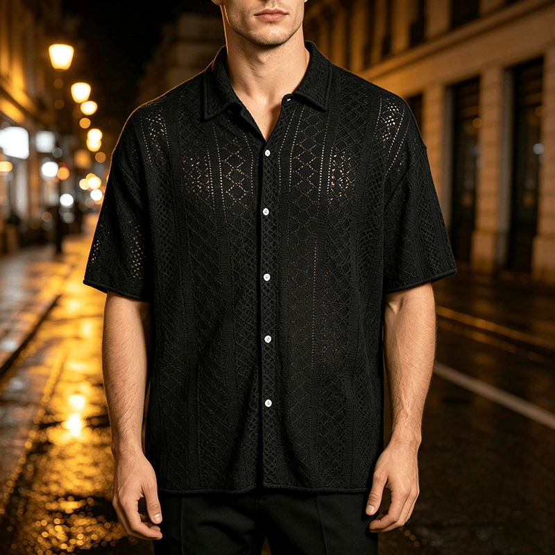 Chemise en coton jacquard décontractée et sportive pour homme - Noir - 2XL - image 5