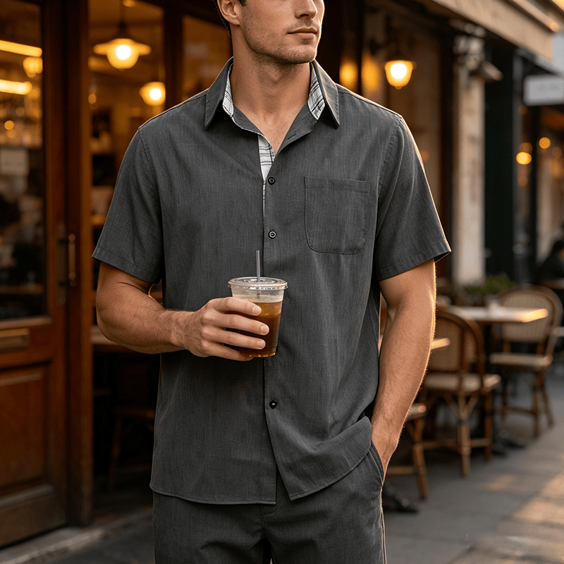 Chemise à manches courtes boutonnée en lin uni pour homme - Gris foncé - 5XL - image 12