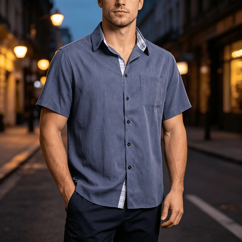 Chemise à manches courtes boutonnée en lin uni pour homme - Bleu foncé - 5XL - image 7