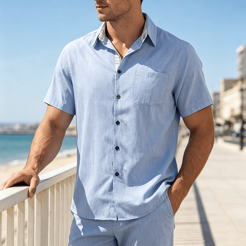 Chemise à manches courtes boutonnée en lin uni pour homme - Bleu clair - 5XL - image 6